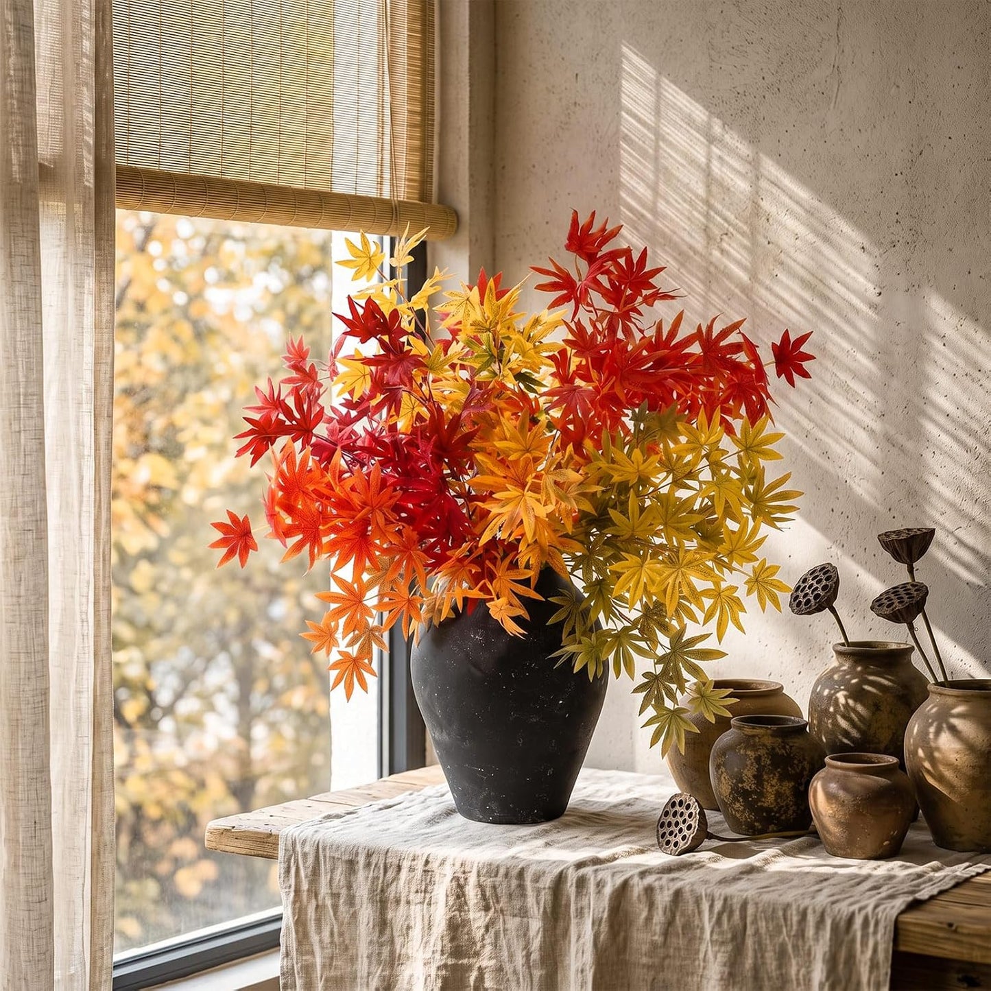 31" Fall Artificial Japanese Maple Leaves Stem Fake Fall Maple Leaves Stem Autumn Faux Bushes for Vase Farmhouse Table Centerpiece Halloween Thanksgiving Decor(Green Orange,10 Pcs)