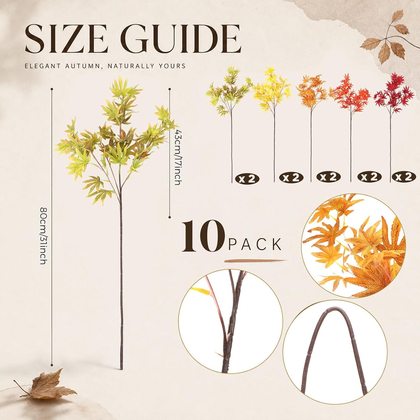 31" Fall Artificial Japanese Maple Leaves Stem Fake Fall Maple Leaves Stem Autumn Faux Bushes for Vase Farmhouse Table Centerpiece Halloween Thanksgiving Decor(Green Orange,10 Pcs)