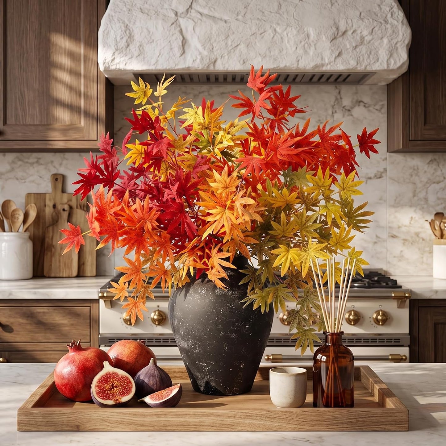 31" Fall Artificial Japanese Maple Leaves Stem Fake Fall Maple Leaves Stem Autumn Faux Bushes for Vase Farmhouse Table Centerpiece Halloween Thanksgiving Decor(Green Orange,10 Pcs)