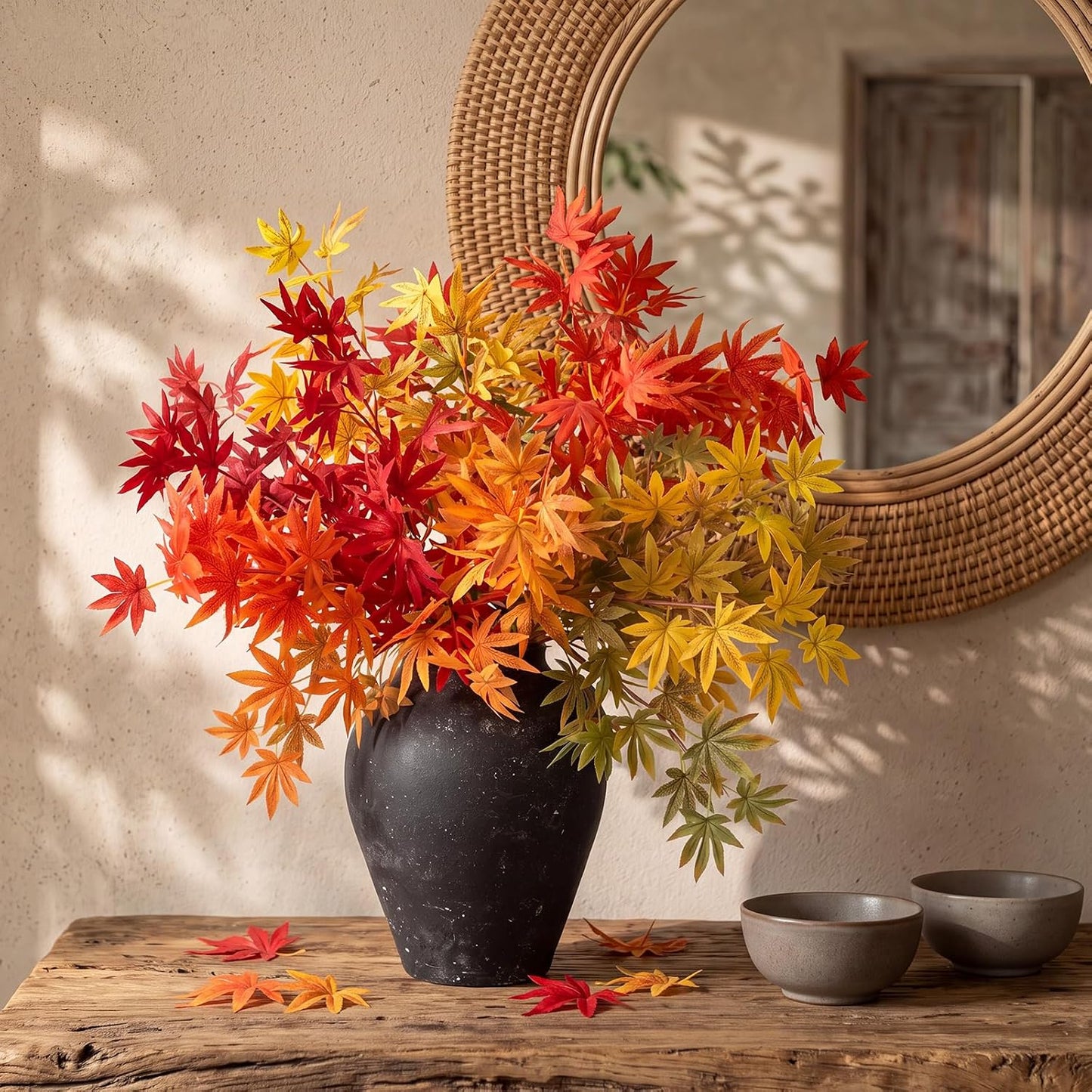 31" Fall Artificial Japanese Maple Leaves Stem Fake Fall Maple Leaves Stem Autumn Faux Bushes for Vase Farmhouse Table Centerpiece Halloween Thanksgiving Decor(Green Orange,10 Pcs)
