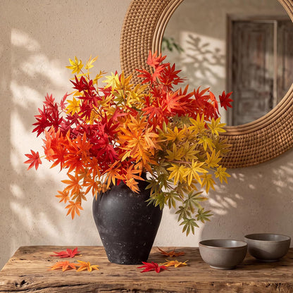 31" Fall Artificial Japanese Maple Leaves Stem Fake Fall Maple Leaves Stem Autumn Faux Bushes for Vase Farmhouse Table Centerpiece Halloween Thanksgiving Decor(Green Orange,10 Pcs)