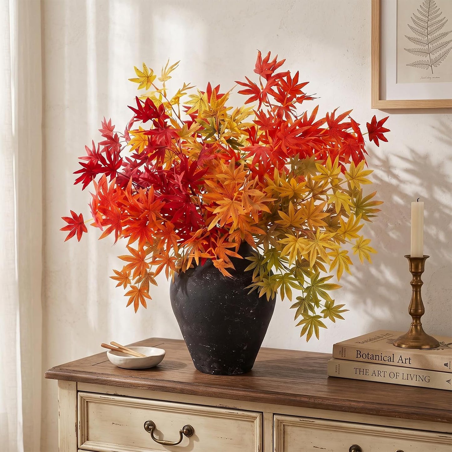 31" Fall Artificial Japanese Maple Leaves Stem Fake Fall Maple Leaves Stem Autumn Faux Bushes for Vase Farmhouse Table Centerpiece Halloween Thanksgiving Decor(Green Orange,10 Pcs)