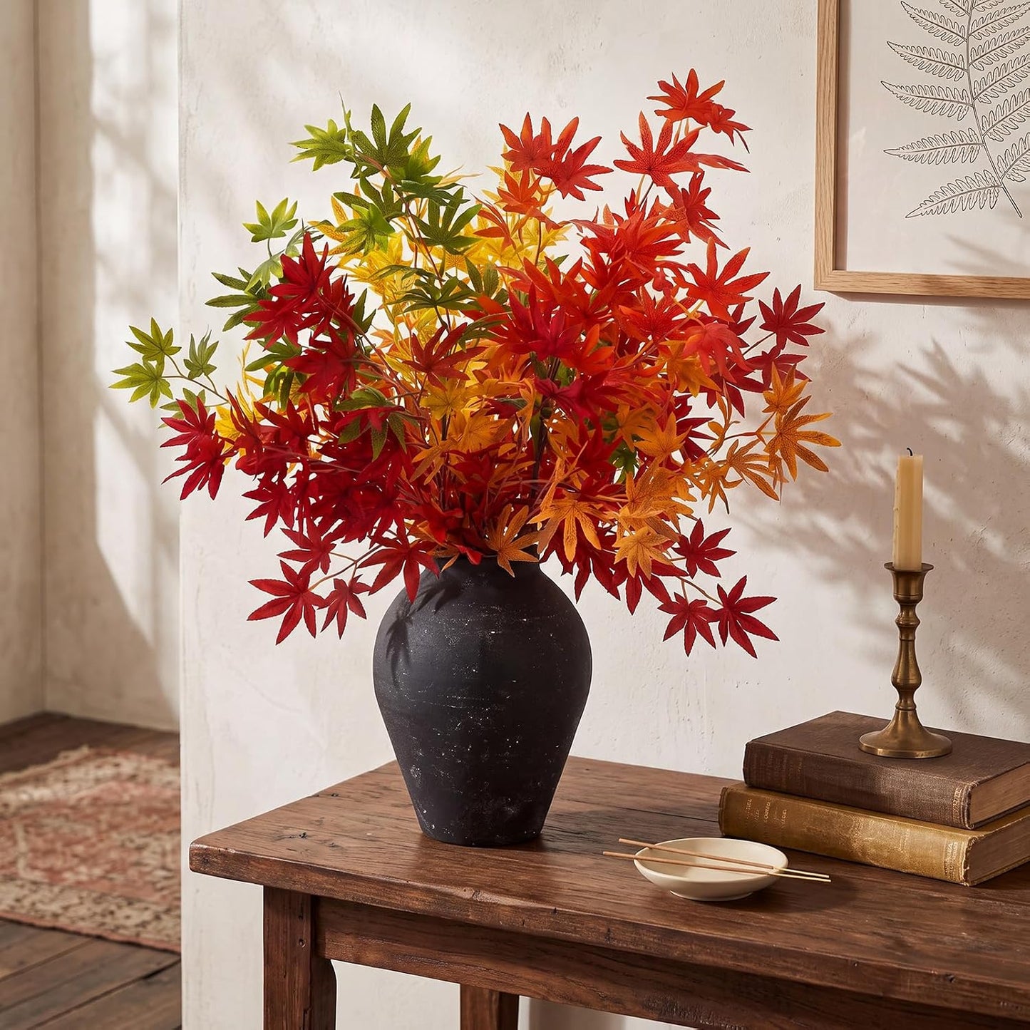 31" Fall Artificial Japanese Maple Leaves Stem Fake Fall Maple Leaves Stem Autumn Faux Bushes for Vase Farmhouse Table Centerpiece Halloween Thanksgiving Decor(Green Orange,10 Pcs)