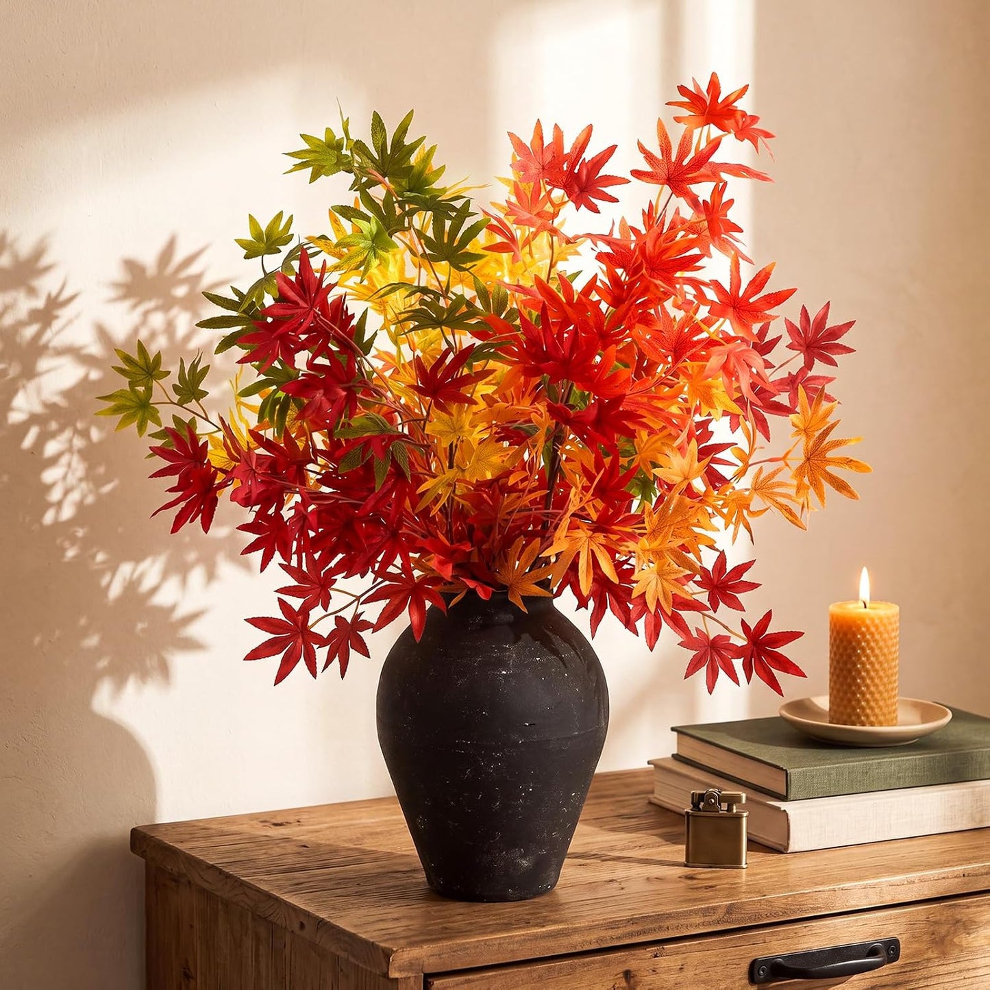31" Fall Artificial Japanese Maple Leaves Stem Fake Fall Maple Leaves Stem Autumn Faux Bushes for Vase Farmhouse Table Centerpiece Halloween Thanksgiving Decor(Green Orange,10 Pcs)