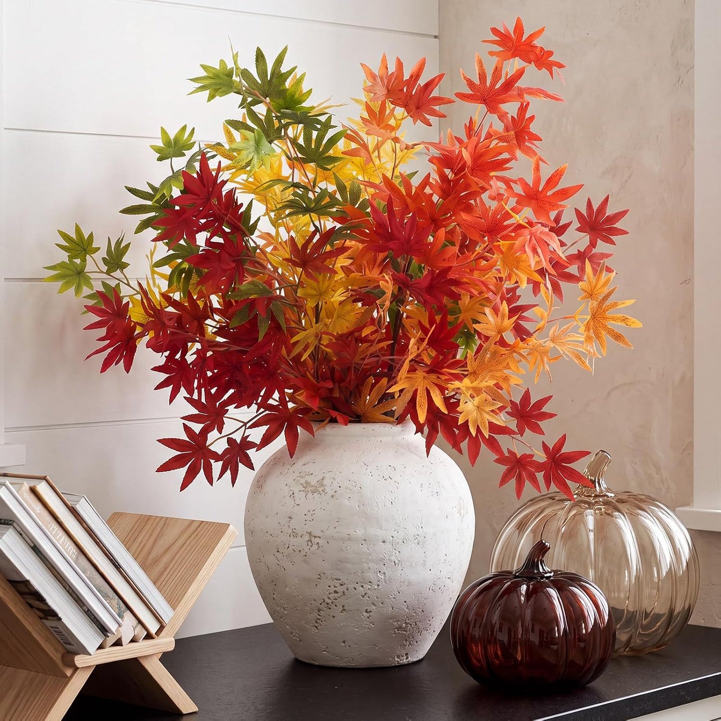 31" Fall Artificial Japanese Maple Leaves Stem Fake Fall Maple Leaves Stem Autumn Faux Bushes for Vase Farmhouse Table Centerpiece Halloween Thanksgiving Decor(Green Orange,10 Pcs)