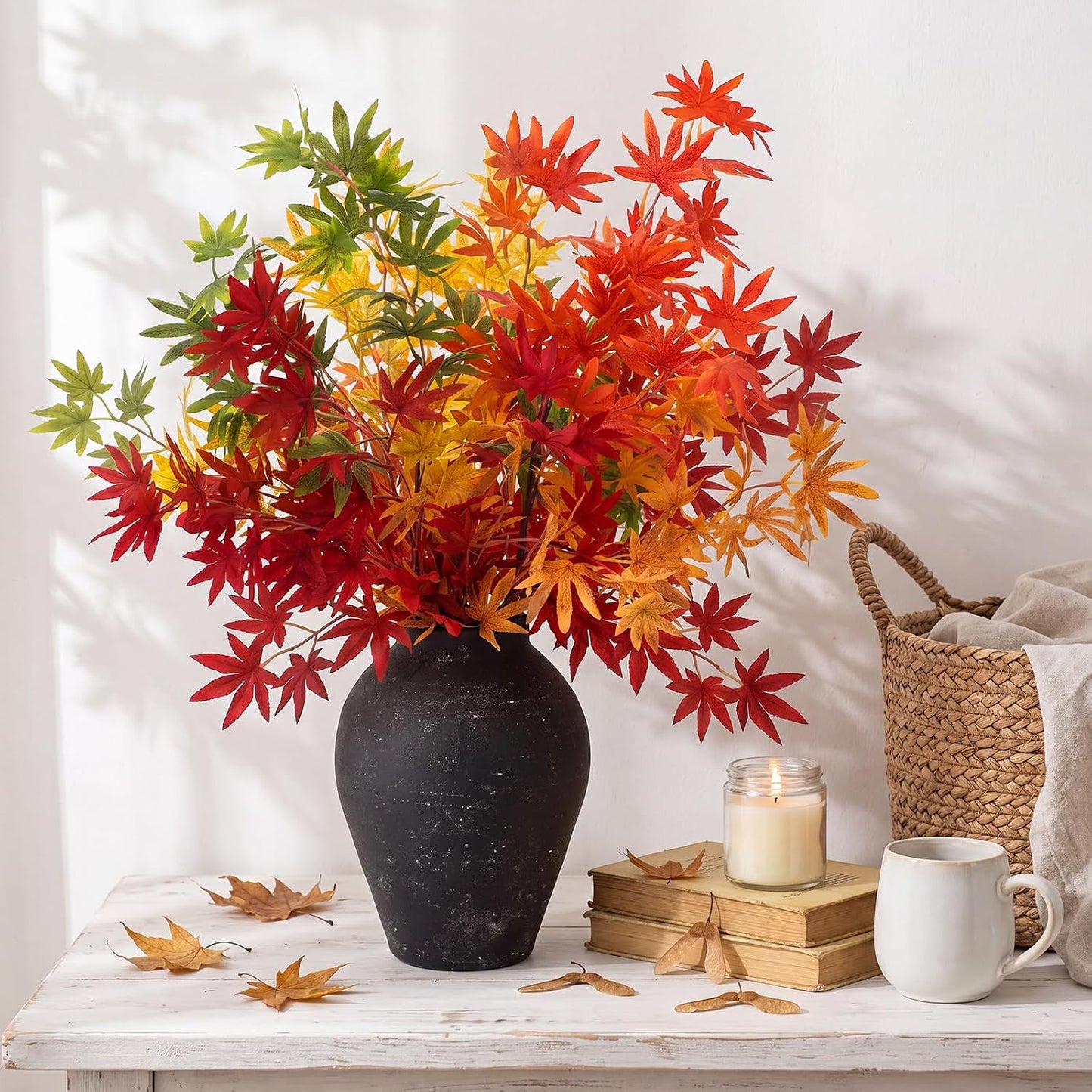 31" Fall Artificial Japanese Maple Leaves Stem Fake Fall Maple Leaves Stem Autumn Faux Bushes for Vase Farmhouse Table Centerpiece Halloween Thanksgiving Decor(Green Orange,10 Pcs)