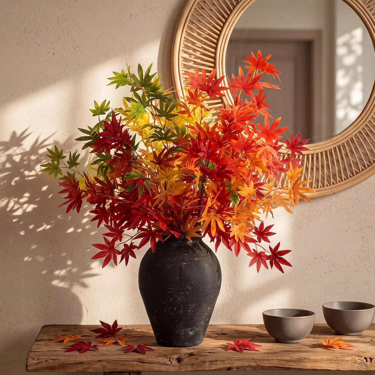 31" Fall Artificial Japanese Maple Leaves Stem Fake Fall Maple Leaves Stem Autumn Faux Bushes for Vase Farmhouse Table Centerpiece Halloween Thanksgiving Decor(Green Orange,10 Pcs)