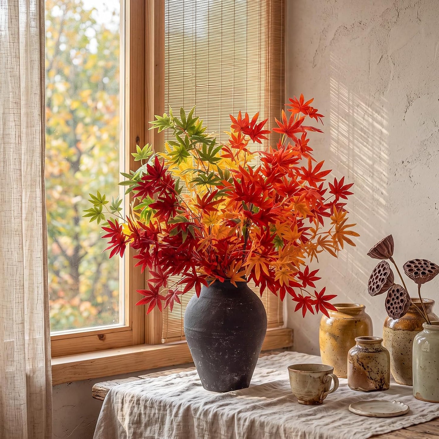 31" Fall Artificial Japanese Maple Leaves Stem Fake Fall Maple Leaves Stem Autumn Faux Bushes for Vase Farmhouse Table Centerpiece Halloween Thanksgiving Decor(Green Orange,10 Pcs)