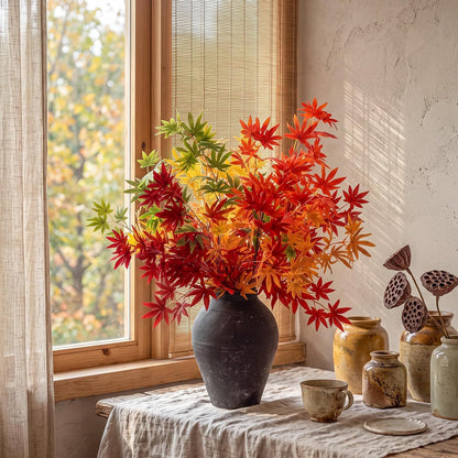 31" Fall Artificial Japanese Maple Leaves Stem Fake Fall Maple Leaves Stem Autumn Faux Bushes for Vase Farmhouse Table Centerpiece Halloween Thanksgiving Decor(Green Orange,10 Pcs)