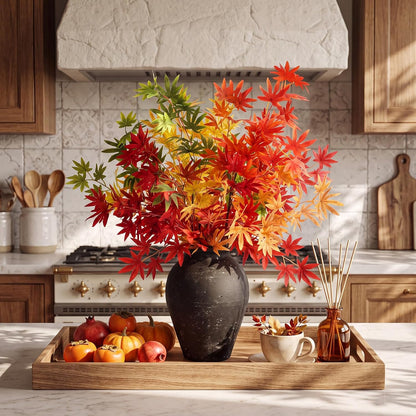 31" Fall Artificial Japanese Maple Leaves Stem Fake Fall Maple Leaves Stem Autumn Faux Bushes for Vase Farmhouse Table Centerpiece Halloween Thanksgiving Decor(Green Orange,10 Pcs)