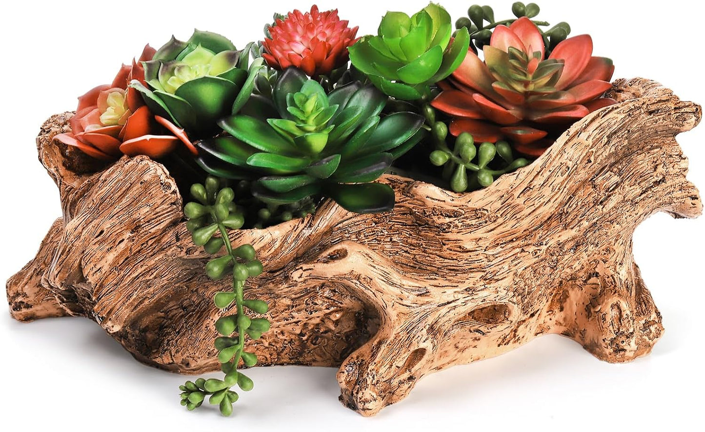 Artificial Driftwood Stump Log Planter Vintage Cactus Container with Drainage Hole, Creative Imitation Sculpture Resin Succulent Flower Pot for Herb, Strawberry, Small Plants