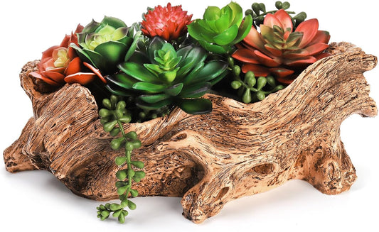 Artificial Driftwood Stump Log Planter Vintage Cactus Container with Drainage Hole, Creative Imitation Sculpture Resin Succulent Flower Pot for Herb, Strawberry, Small Plants
