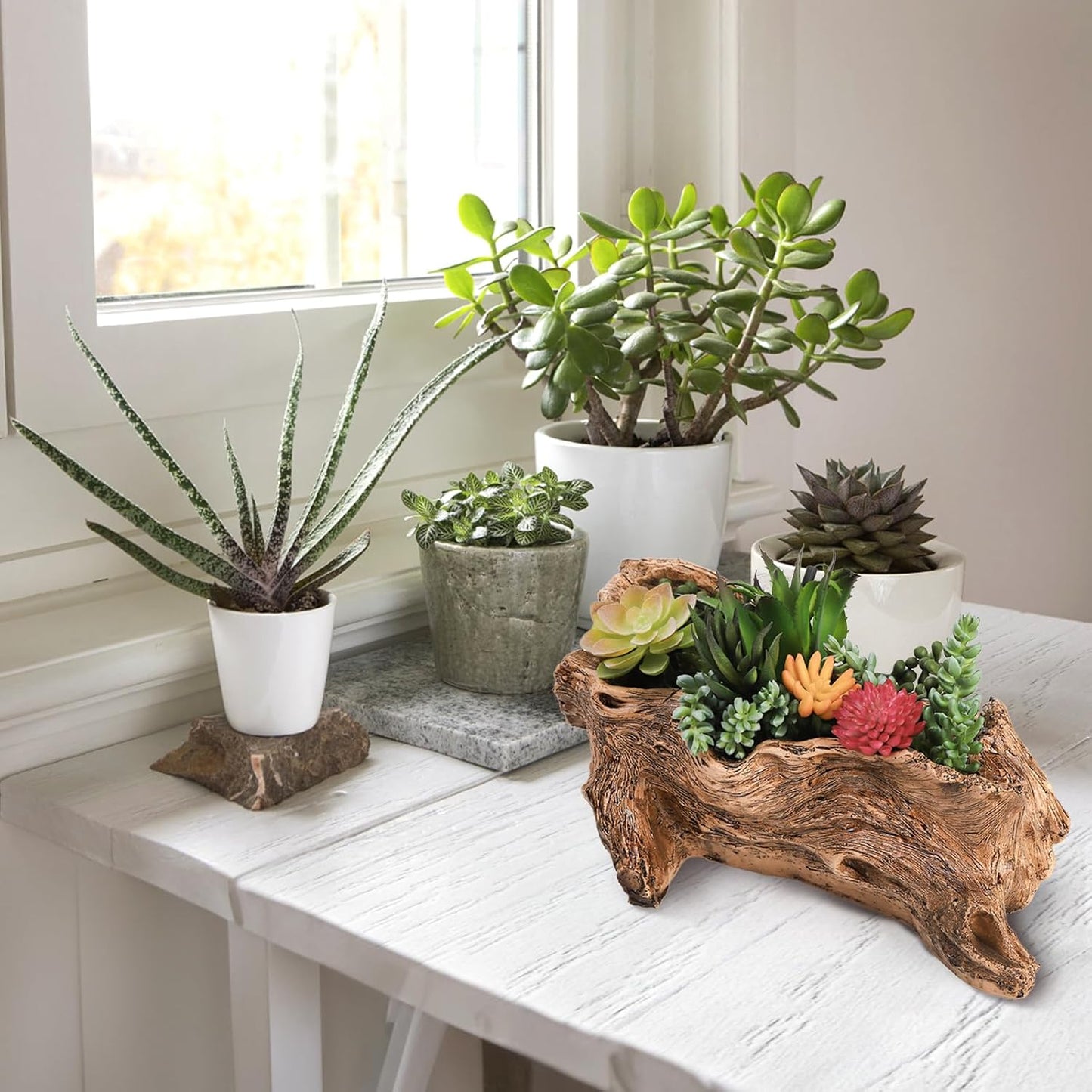 Artificial Driftwood Stump Log Planter Vintage Cactus Container with Drainage Hole, Creative Imitation Sculpture Resin Succulent Flower Pot for Herb, Strawberry, Small Plants