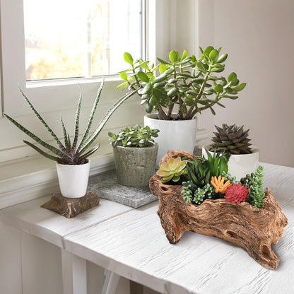 Artificial Driftwood Stump Log Planter Vintage Cactus Container with Drainage Hole, Creative Imitation Sculpture Resin Succulent Flower Pot for Herb, Strawberry, Small Plants