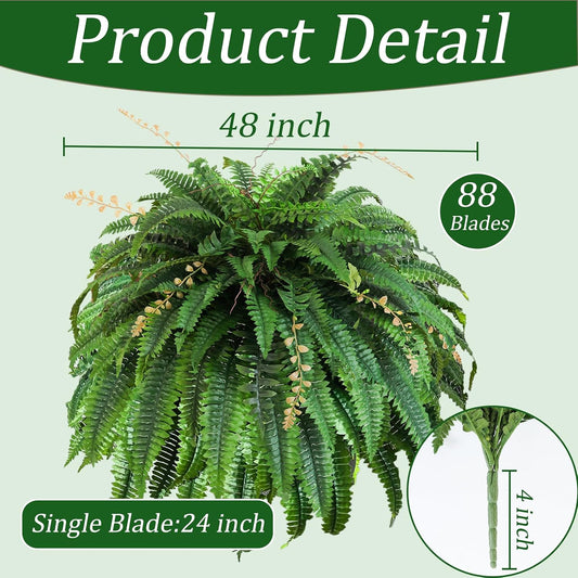 48in 88 Blades Artificial Boston Ferns for Outdoors Large, UV Resistant Faux Outdoor Plants,Weatherproof Fake Ferns Plants Outdoor Indoor for Garden Porch Patio Home Decor