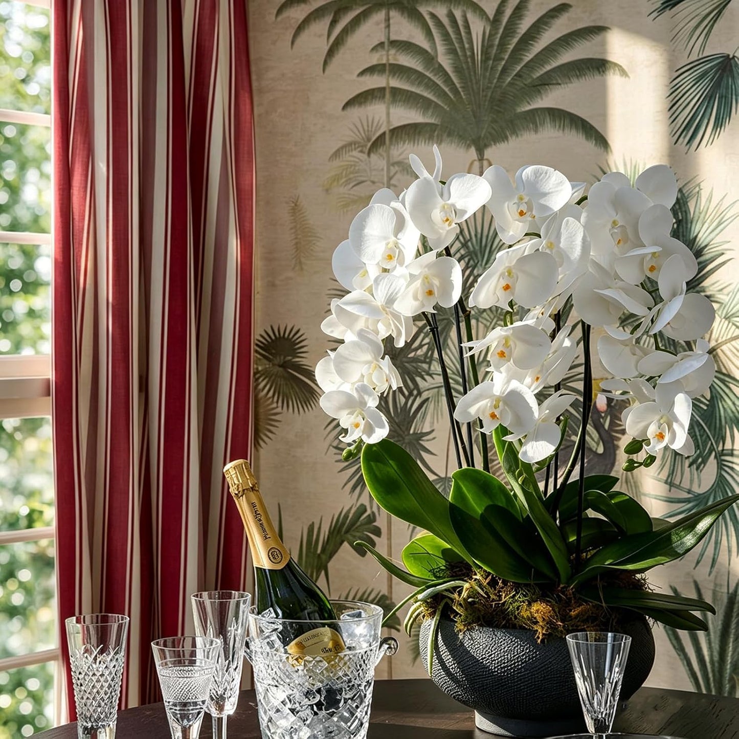 Orchids Artificial Flowers with Ceramic Planter, Poted Plant, White, 17" | Fake Orchid Plant, Real Touch, Faux Orchid Floral Arrangement, For Tables Centerpieces Wedding Bathroom Office Kitchen Decor
