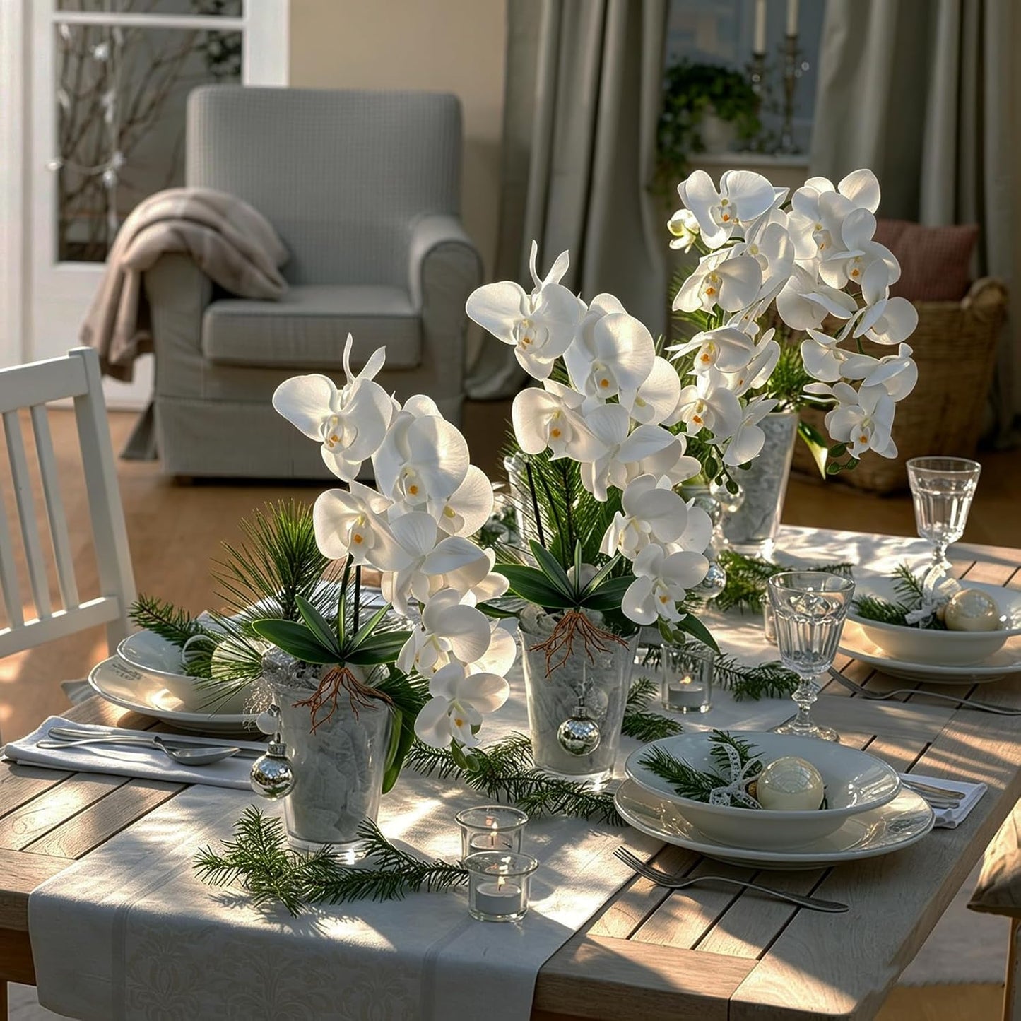 Orchids Artificial Flowers with Ceramic Planter, Poted Plant, White, 17" | Fake Orchid Plant, Real Touch, Faux Orchid Floral Arrangement, For Tables Centerpieces Wedding Bathroom Office Kitchen Decor
