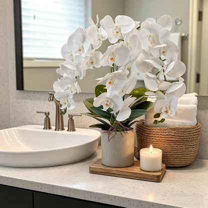 Orchids Artificial Flowers with Ceramic Planter, Poted Plant, White, 17" | Fake Orchid Plant, Real Touch, Faux Orchid Floral Arrangement, For Tables Centerpieces Wedding Bathroom Office Kitchen Decor