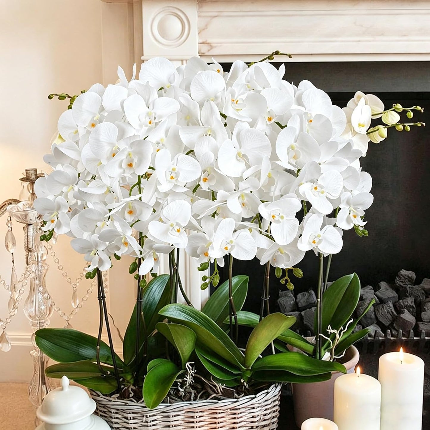 Orchids Artificial Flowers with Ceramic Planter, Poted Plant, White, 17" | Fake Orchid Plant, Real Touch, Faux Orchid Floral Arrangement, For Tables Centerpieces Wedding Bathroom Office Kitchen Decor