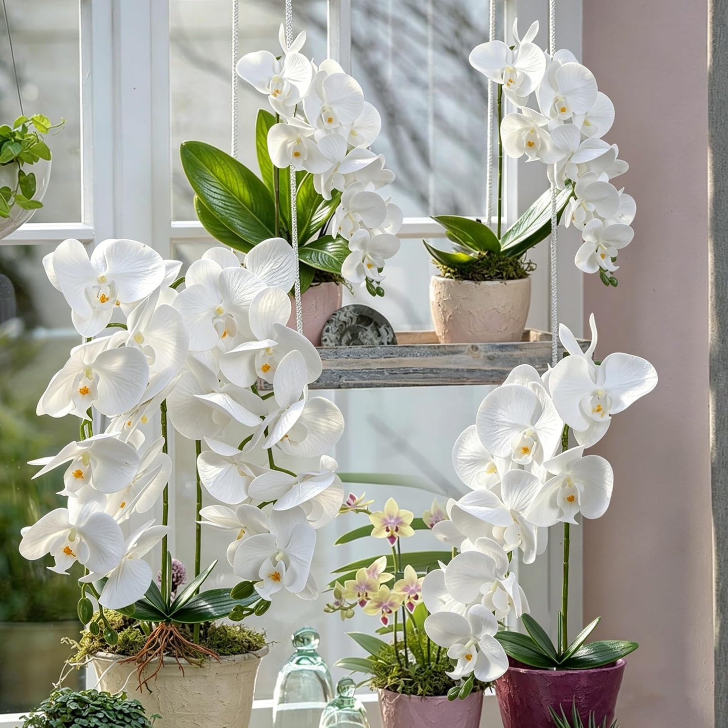 Orchids Artificial Flowers with Ceramic Planter, Poted Plant, White, 17" | Fake Orchid Plant, Real Touch, Faux Orchid Floral Arrangement, For Tables Centerpieces Wedding Bathroom Office Kitchen Decor