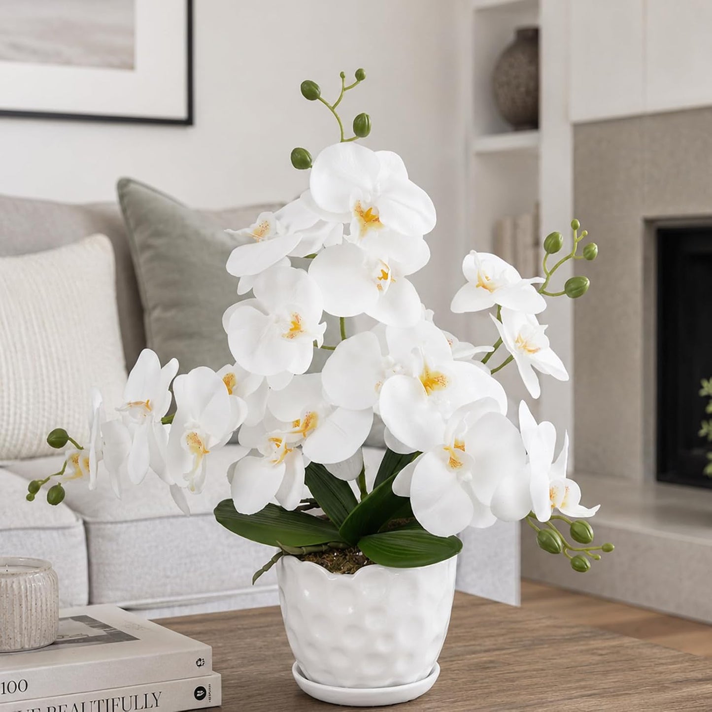 Orchids Artificial Flowers with Ceramic Planter, Poted Plant, White, 17" | Fake Orchid Plant, Real Touch, Faux Orchid Floral Arrangement, For Tables Centerpieces Wedding Bathroom Office Kitchen Decor