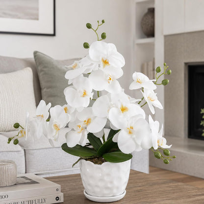 Orchids Artificial Flowers with Ceramic Planter, Poted Plant, White, 17" | Fake Orchid Plant, Real Touch, Faux Orchid Floral Arrangement, For Tables Centerpieces Wedding Bathroom Office Kitchen Decor