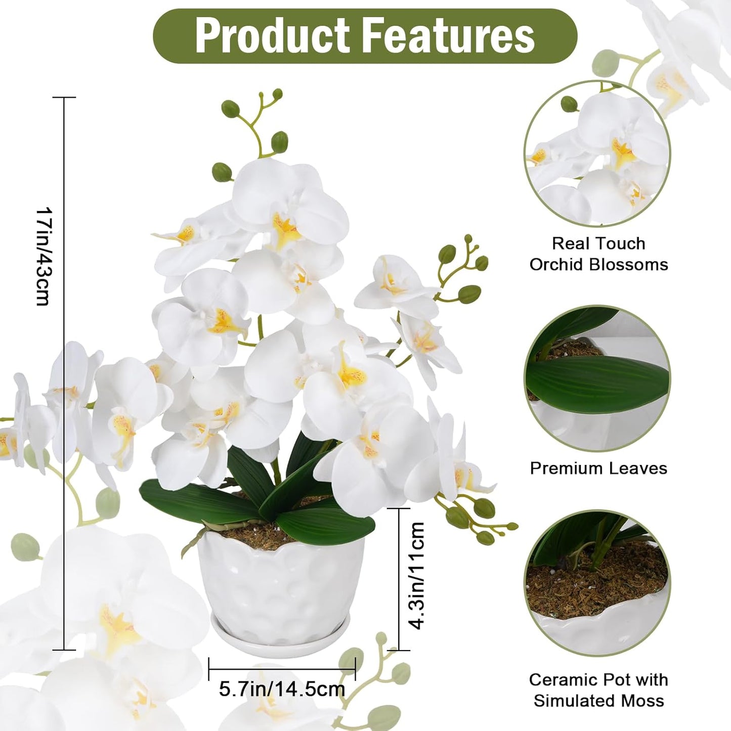 Orchids Artificial Flowers with Ceramic Planter, Poted Plant, White, 17" | Fake Orchid Plant, Real Touch, Faux Orchid Floral Arrangement, For Tables Centerpieces Wedding Bathroom Office Kitchen Decor