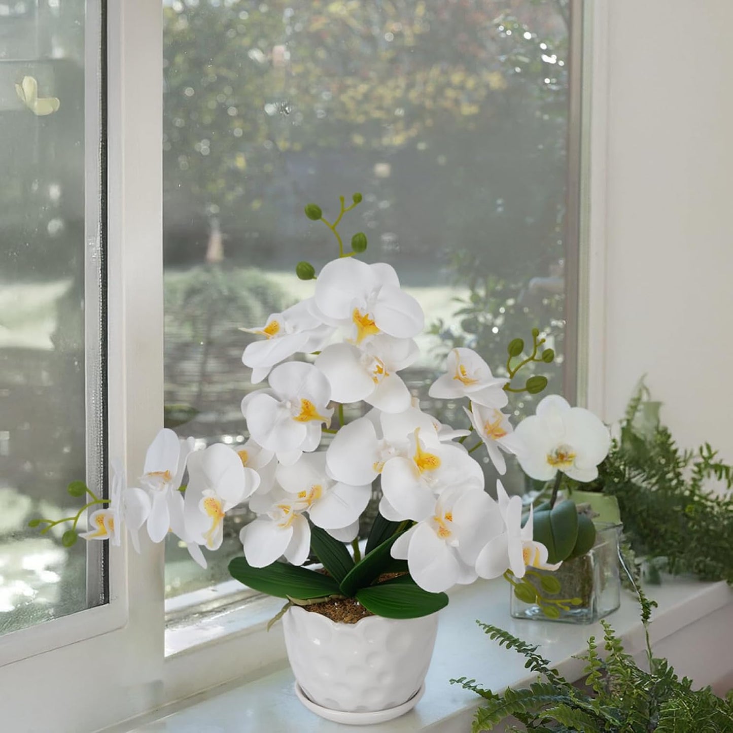 Orchids Artificial Flowers with Ceramic Planter, Poted Plant, White, 17" | Fake Orchid Plant, Real Touch, Faux Orchid Floral Arrangement, For Tables Centerpieces Wedding Bathroom Office Kitchen Decor