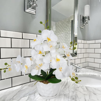 Orchids Artificial Flowers with Ceramic Planter, Poted Plant, White, 17" | Fake Orchid Plant, Real Touch, Faux Orchid Floral Arrangement, For Tables Centerpieces Wedding Bathroom Office Kitchen Decor