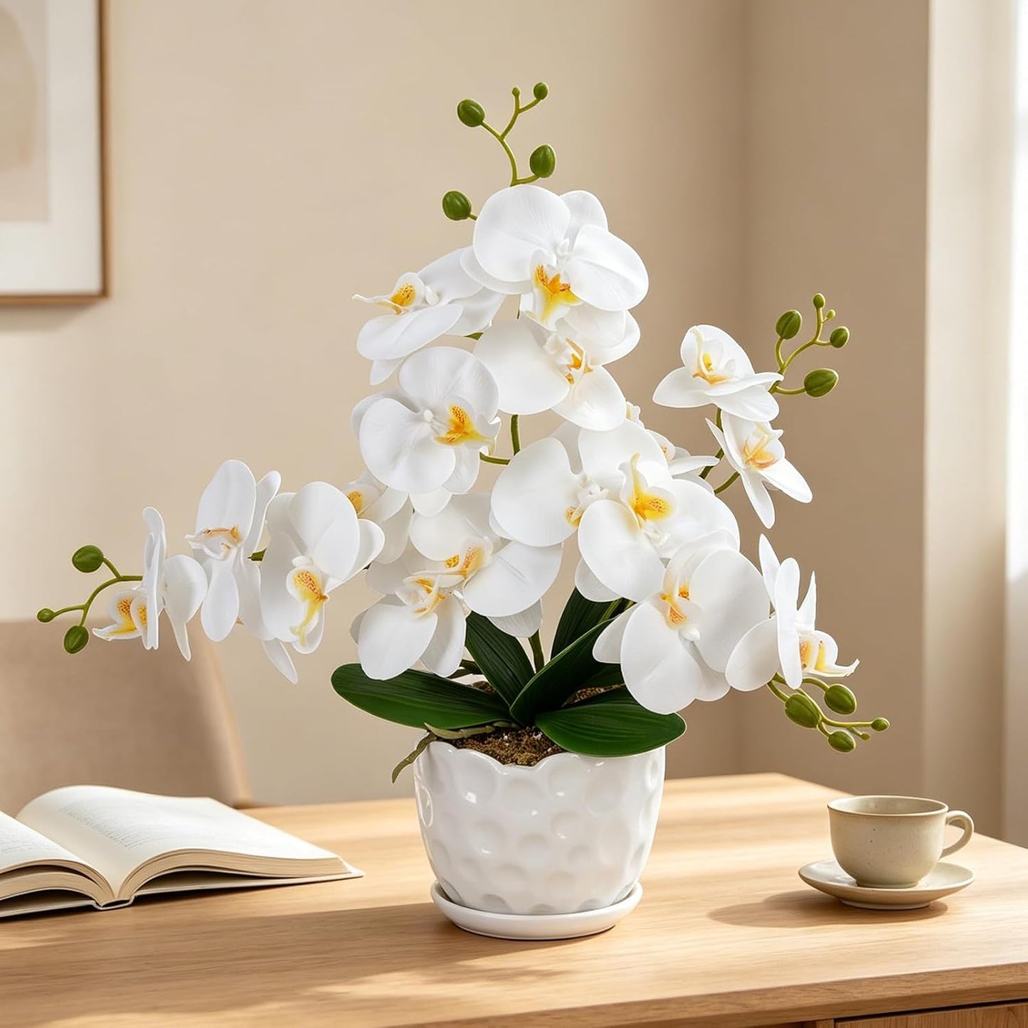 Orchids Artificial Flowers with Ceramic Planter, Poted Plant, White, 17" | Fake Orchid Plant, Real Touch, Faux Orchid Floral Arrangement, For Tables Centerpieces Wedding Bathroom Office Kitchen Decor