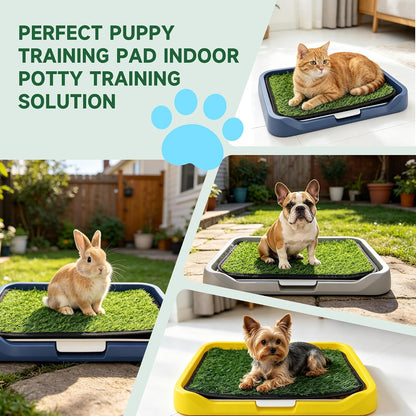 2Pack 18"x14" Artificial Dog Grass Potty Pad with Tray Rubber Backing | Yellow Reusable Washable Pee Pad Holder, Portable Non-Slip Training Litter Box for Small Dogs Indoor Potty Training