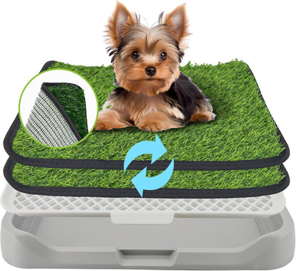 2Pack 18"x14" Artificial Dog Grass Potty Pad with Tray Rubber Backing | Yellow Reusable Washable Pee Pad Holder, Portable Non-Slip Training Litter Box for Small Dogs Indoor Potty Training