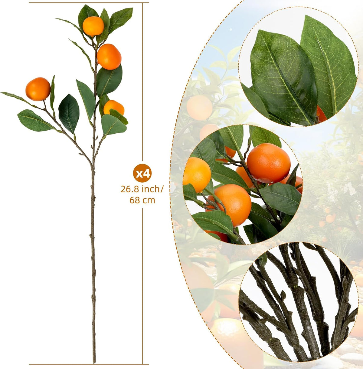 26.8Inch Artificial Tangerine Branches Artificial Orange Branch Fake Orange Stem 16 Fruit for Home Wedding Office Party Thanksgiving Hotel Table Centerpiece Indoor Outdoor Decor