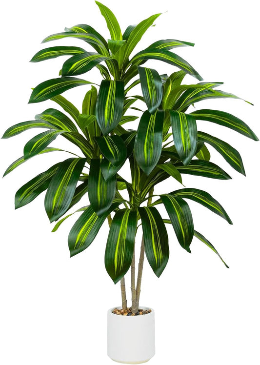 Artificial Dracaena Tree - 5FT Tall Fake Plants with White Tall Planter - Artificial Plants Indoor Floor Plant in Pot - Large Tropical Fake Yucca Potted Tree for Home Office Living Room Decor