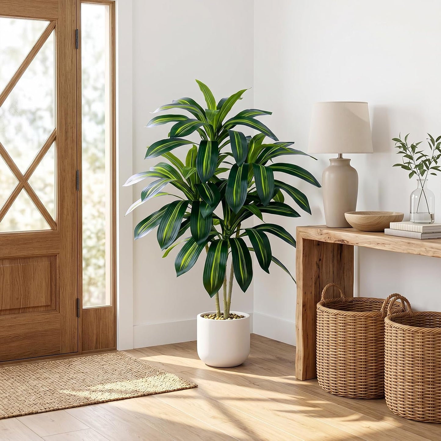 Artificial Dracaena Tree - 5FT Tall Fake Plants with White Tall Planter - Artificial Plants Indoor Floor Plant in Pot - Large Tropical Fake Yucca Potted Tree for Home Office Living Room Decor