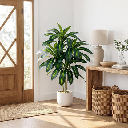 Artificial Dracaena Tree - 5FT Tall Fake Plants with White Tall Planter - Artificial Plants Indoor Floor Plant in Pot - Large Tropical Fake Yucca Potted Tree for Home Office Living Room Decor