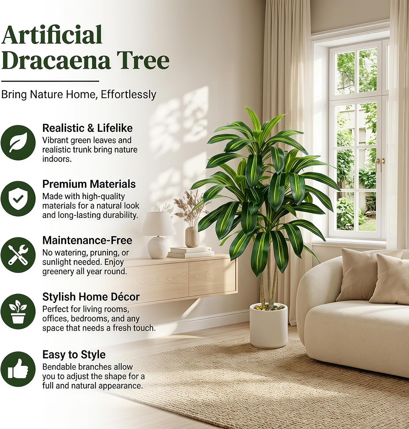 Artificial Dracaena Tree - 5FT Tall Fake Plants with White Tall Planter - Artificial Plants Indoor Floor Plant in Pot - Large Tropical Fake Yucca Potted Tree for Home Office Living Room Decor