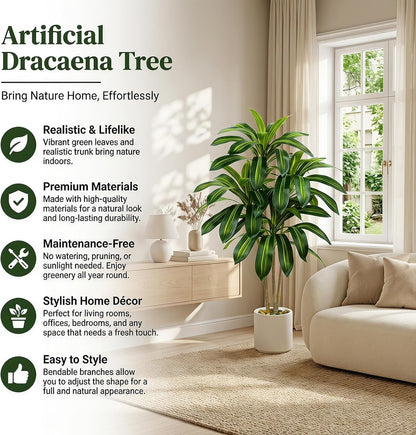 Artificial Dracaena Tree - 5FT Tall Fake Plants with White Tall Planter - Artificial Plants Indoor Floor Plant in Pot - Large Tropical Fake Yucca Potted Tree for Home Office Living Room Decor
