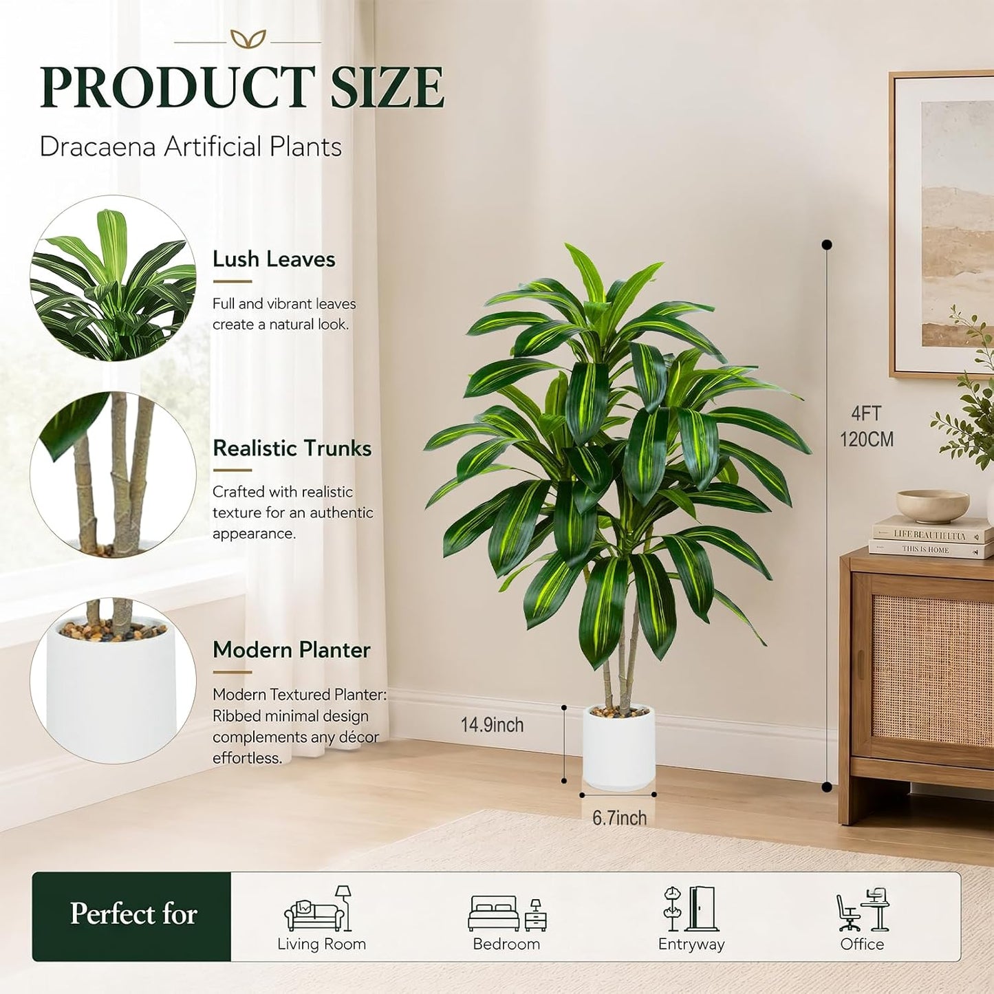 Artificial Dracaena Tree - 5FT Tall Fake Plants with White Tall Planter - Artificial Plants Indoor Floor Plant in Pot - Large Tropical Fake Yucca Potted Tree for Home Office Living Room Decor