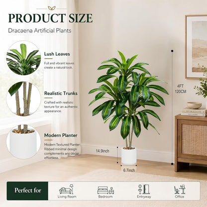 Artificial Dracaena Tree - 5FT Tall Fake Plants with White Tall Planter - Artificial Plants Indoor Floor Plant in Pot - Large Tropical Fake Yucca Potted Tree for Home Office Living Room Decor