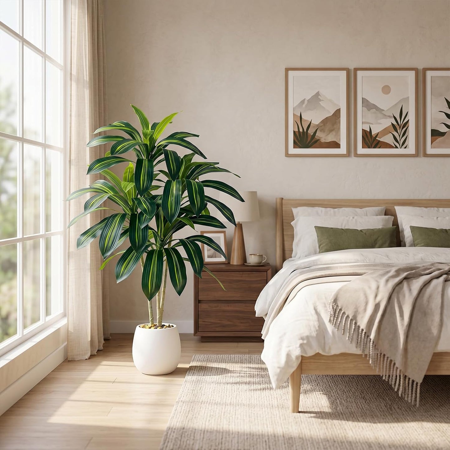 Artificial Dracaena Tree - 5FT Tall Fake Plants with White Tall Planter - Artificial Plants Indoor Floor Plant in Pot - Large Tropical Fake Yucca Potted Tree for Home Office Living Room Decor