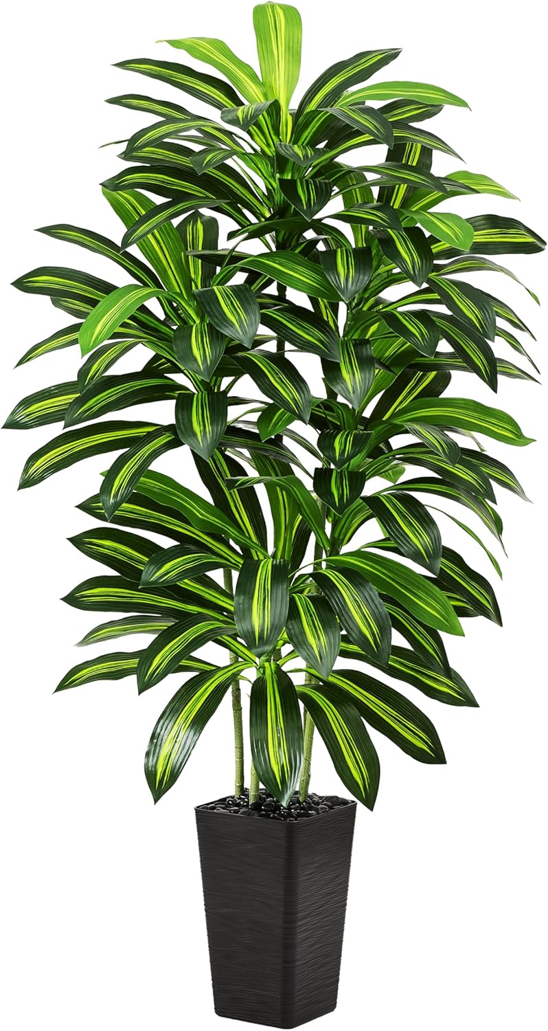 Artificial Dracaena Tree - 5FT Tall Fake Plants with White Tall Planter - Artificial Plants Indoor Floor Plant in Pot - Large Tropical Fake Yucca Potted Tree for Home Office Living Room Decor