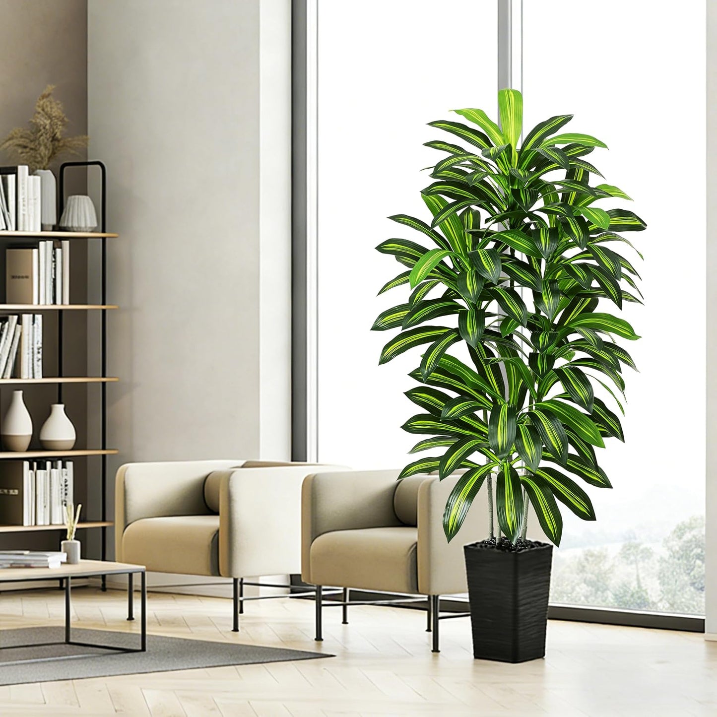 Artificial Dracaena Tree - 5FT Tall Fake Plants with White Tall Planter - Artificial Plants Indoor Floor Plant in Pot - Large Tropical Fake Yucca Potted Tree for Home Office Living Room Decor