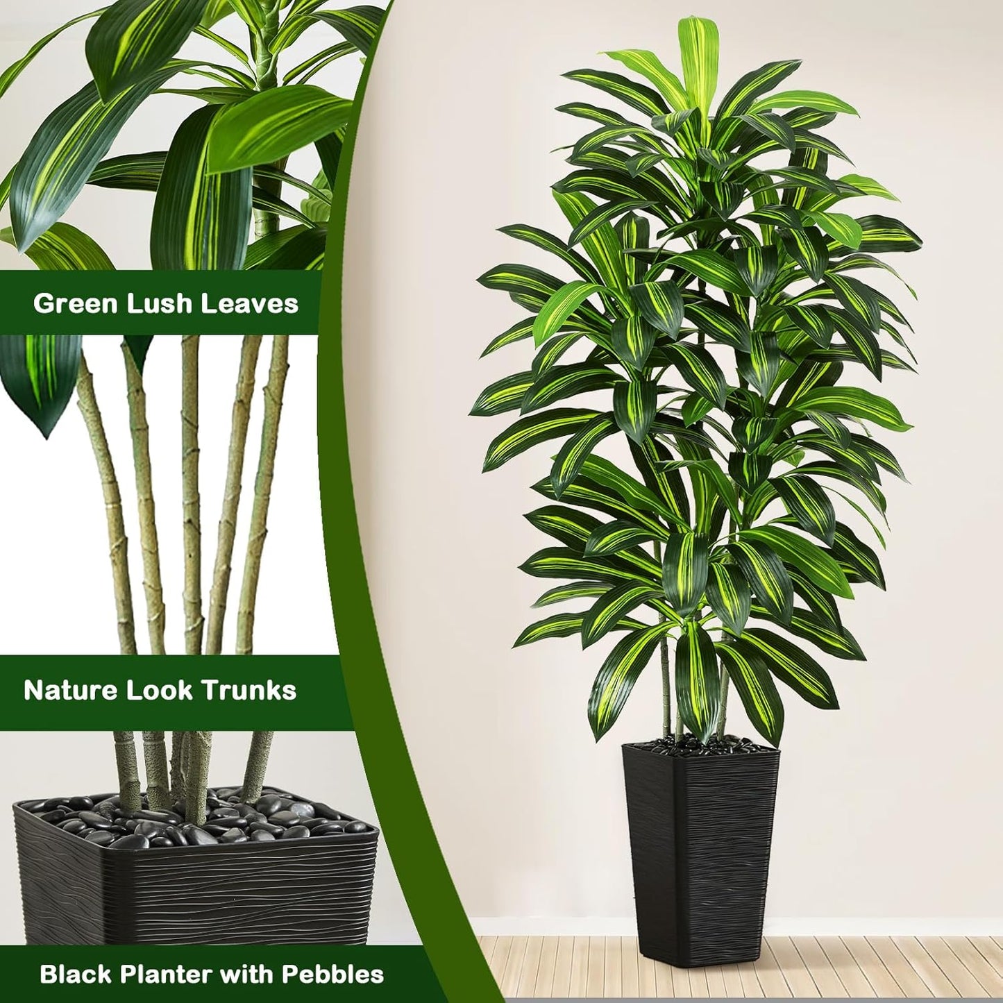 Artificial Dracaena Tree - 5FT Tall Fake Plants with White Tall Planter - Artificial Plants Indoor Floor Plant in Pot - Large Tropical Fake Yucca Potted Tree for Home Office Living Room Decor