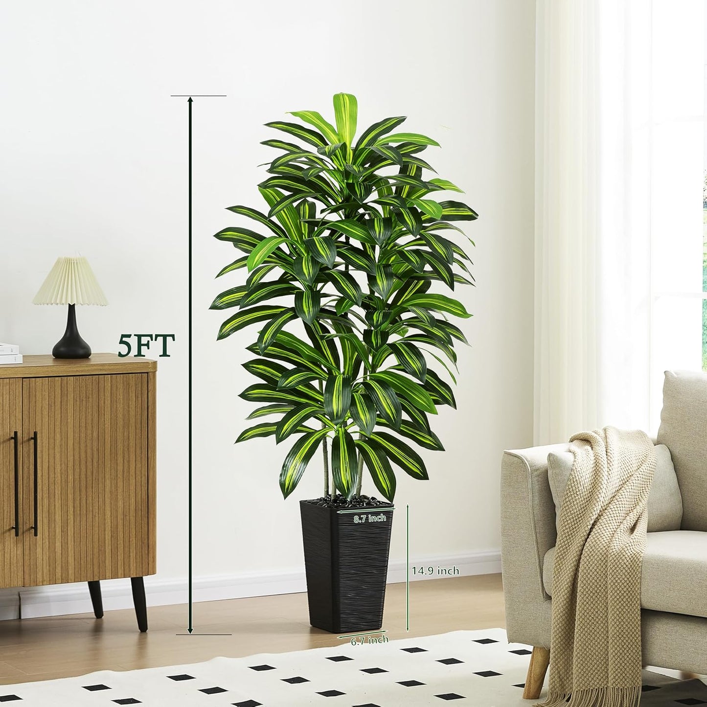 Artificial Dracaena Tree - 5FT Tall Fake Plants with White Tall Planter - Artificial Plants Indoor Floor Plant in Pot - Large Tropical Fake Yucca Potted Tree for Home Office Living Room Decor