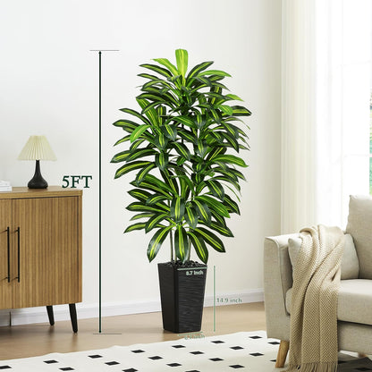 Artificial Dracaena Tree - 5FT Tall Fake Plants with White Tall Planter - Artificial Plants Indoor Floor Plant in Pot - Large Tropical Fake Yucca Potted Tree for Home Office Living Room Decor