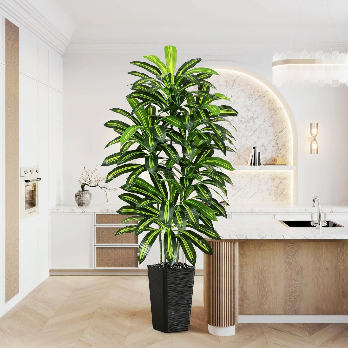 Artificial Dracaena Tree - 5FT Tall Fake Plants with White Tall Planter - Artificial Plants Indoor Floor Plant in Pot - Large Tropical Fake Yucca Potted Tree for Home Office Living Room Decor