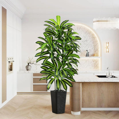 Artificial Dracaena Tree - 5FT Tall Fake Plants with White Tall Planter - Artificial Plants Indoor Floor Plant in Pot - Large Tropical Fake Yucca Potted Tree for Home Office Living Room Decor