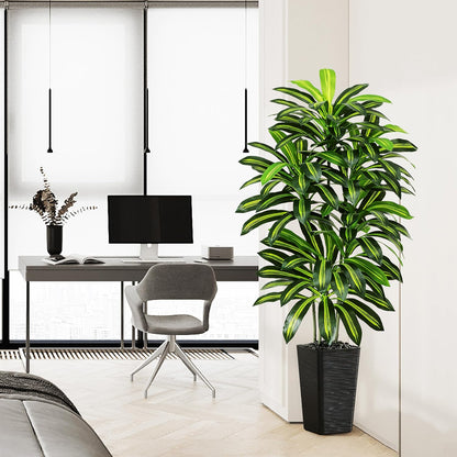 Artificial Dracaena Tree - 5FT Tall Fake Plants with White Tall Planter - Artificial Plants Indoor Floor Plant in Pot - Large Tropical Fake Yucca Potted Tree for Home Office Living Room Decor