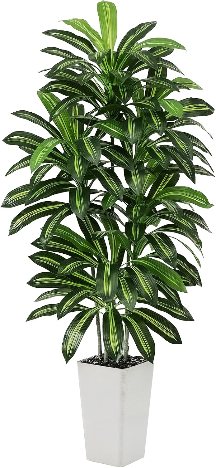 Artificial Dracaena Tree - 5FT Tall Fake Plants with White Tall Planter - Artificial Plants Indoor Floor Plant in Pot - Large Tropical Fake Yucca Potted Tree for Home Office Living Room Decor